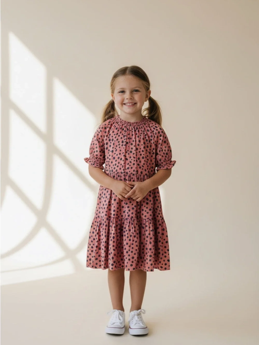Smocked Neck Pink Polka Dot Tiered Girls Dress